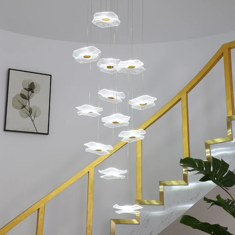 Folha de lótus escada lustre nórdico villa moderna sala estar quarto lâmpada design decoração casa sótão lâmpada doubledeck