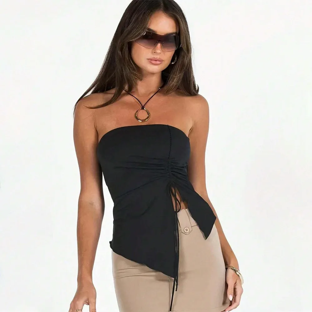 

European and American Summer New Sexy Girl Drawstring Pleated Slit Slimming Irregular Strapless Vest Top