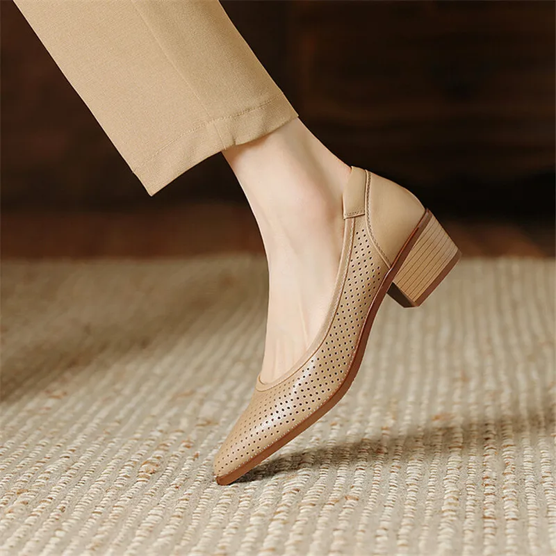 2023 New Fashion Hollow Out Women Pumps Pointed Toe Summer Shoes Chunky Heels Genuine Leather Shoes for Women Zapatos De Mujer