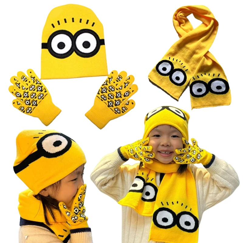 

Шарф с миньонами, плюшевые перчатки, вязаная шапка для мальчиков и девочек, зимние теплые аксессуары, вязаный шарф, вязаные перчатки, комплекты вязаных шапок, подарки