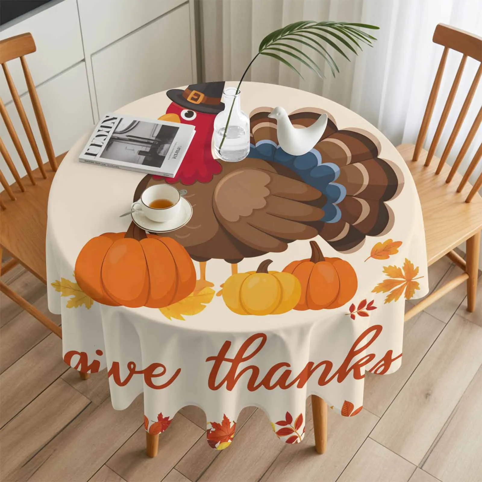

Harvest Pumpkin Give Thanks Turkey Round Table Cloth Festival Dining Tablecloth Waterproof Table Cover for Wedding Party Decor