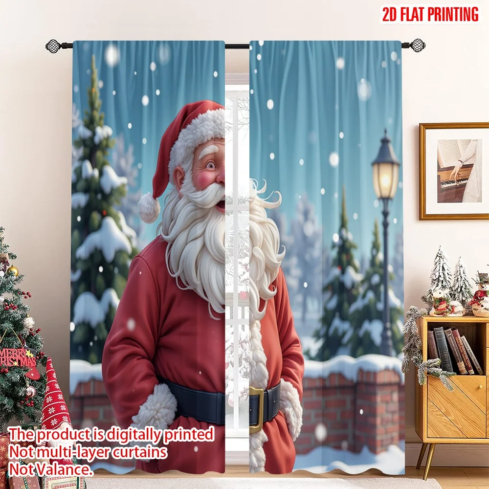 

2pcs 2D flat printing Merry Christmas Curtain Santa Claus Snow Christmas Trees Fabric Without Electricity Festive Holiday Use