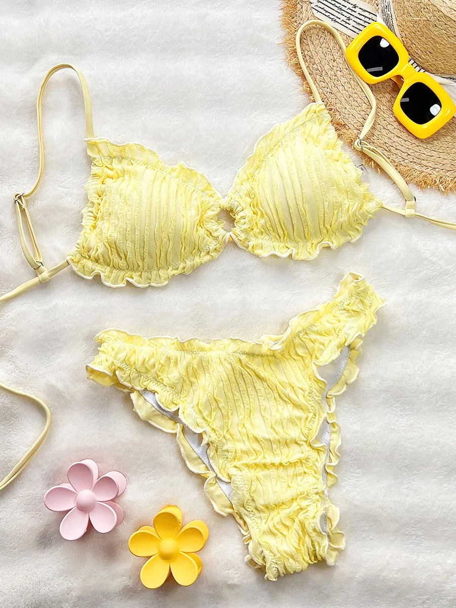 

2026 Wrinkled Ruffled Halter Bikini Female Swimsuit Women Swimwear Two-pieces Bikini Set Bather Bathing Suit Swim Lady Beachwear