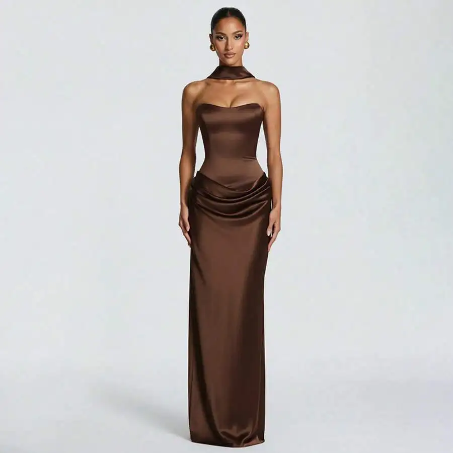 

Elegant Solid Color Sleeveless Satin Bodycon Dress With Draped Detail