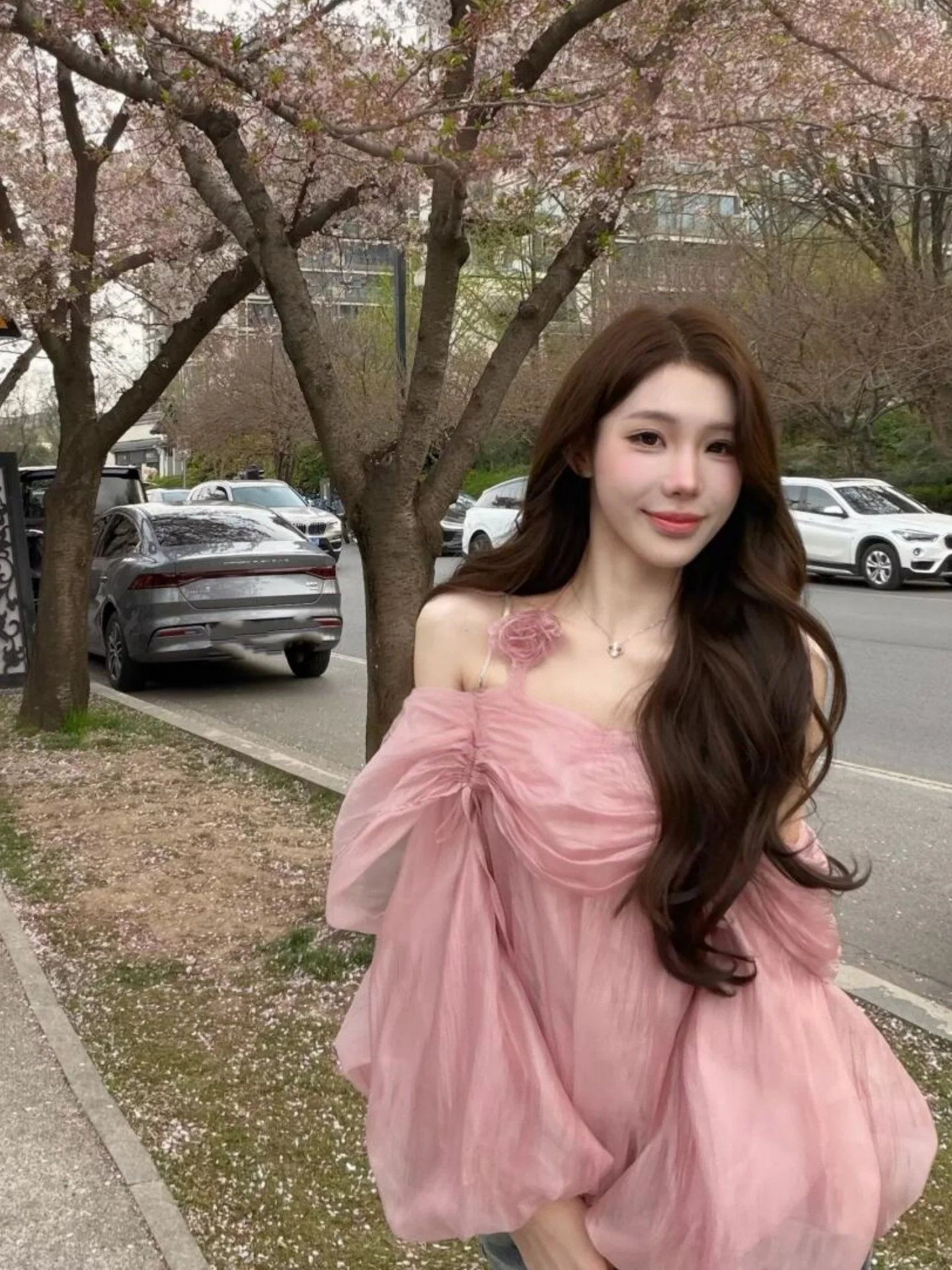 

Pink Flower Loose Bubble Sleeve Shirt Women's Summer Casual Gentle Neck Hanging Shoulder Top French Style Long Sleeve Shirt