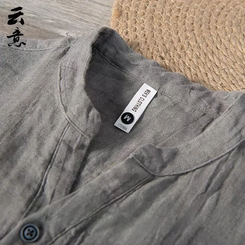 Retro Linen Short Sleeve T-Shirt Men's Thin Loose Summer New Cotton Linen Stand Collar Half Sleeve Casual Trendy Top view 5