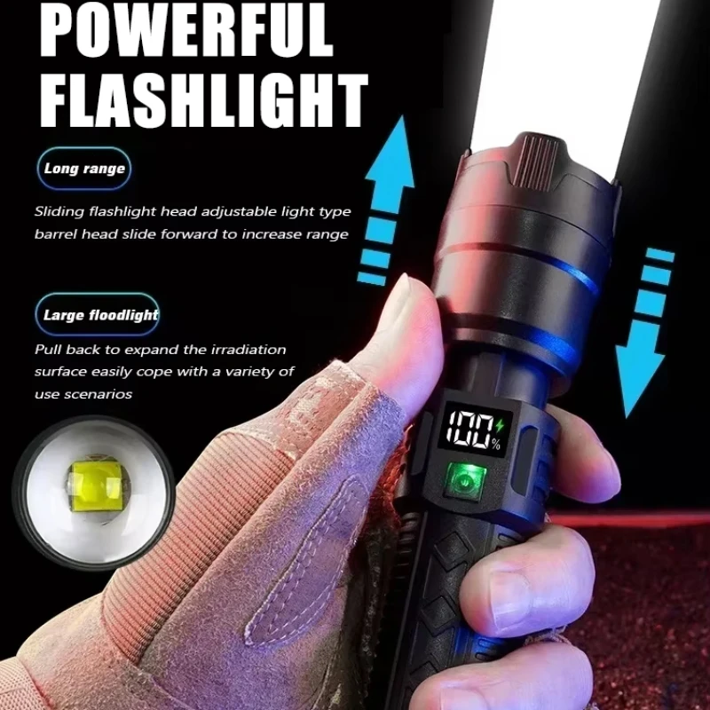 Portable Telescopic Zoom Handheld Flashlight 3 Lighting Modes Rechargeable Waterproof Torch With Power Display For Outdoor