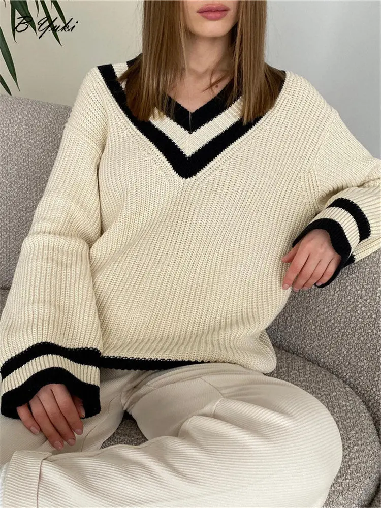 

Blessyuki Oversized Contrast Knit Sweaters Women Winter New Vintage Striped V Neck Pullover Ladies Fashion Casual Streewear Tops