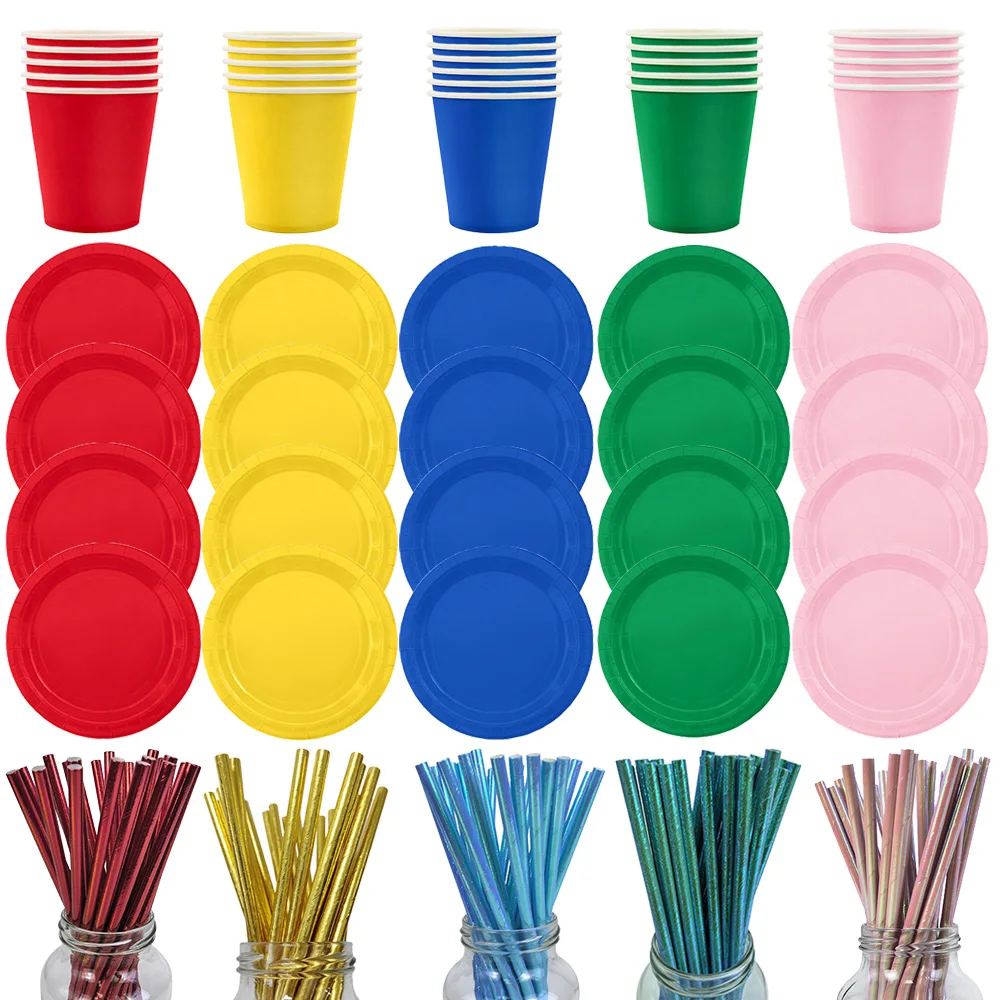 Buntes Einweg-Geschirr-Set mit Pappbechern, Tellern und Servietten für Geburtstagsfeiern, Hochzeiten, Picknicks, Babypartys und Heimdekoration – Detail 1