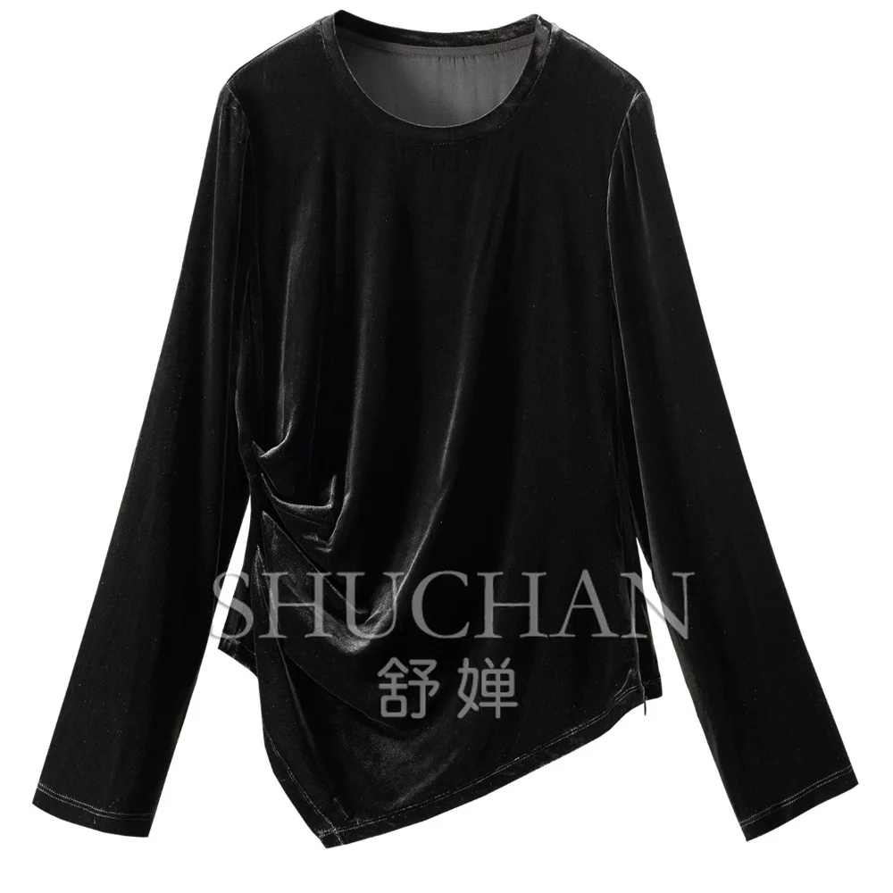Slimming Magic Blouse High-quality Mulberry Silk Velvet Pinch Pleated Waist Long-sleeved Shirt Women 75W0