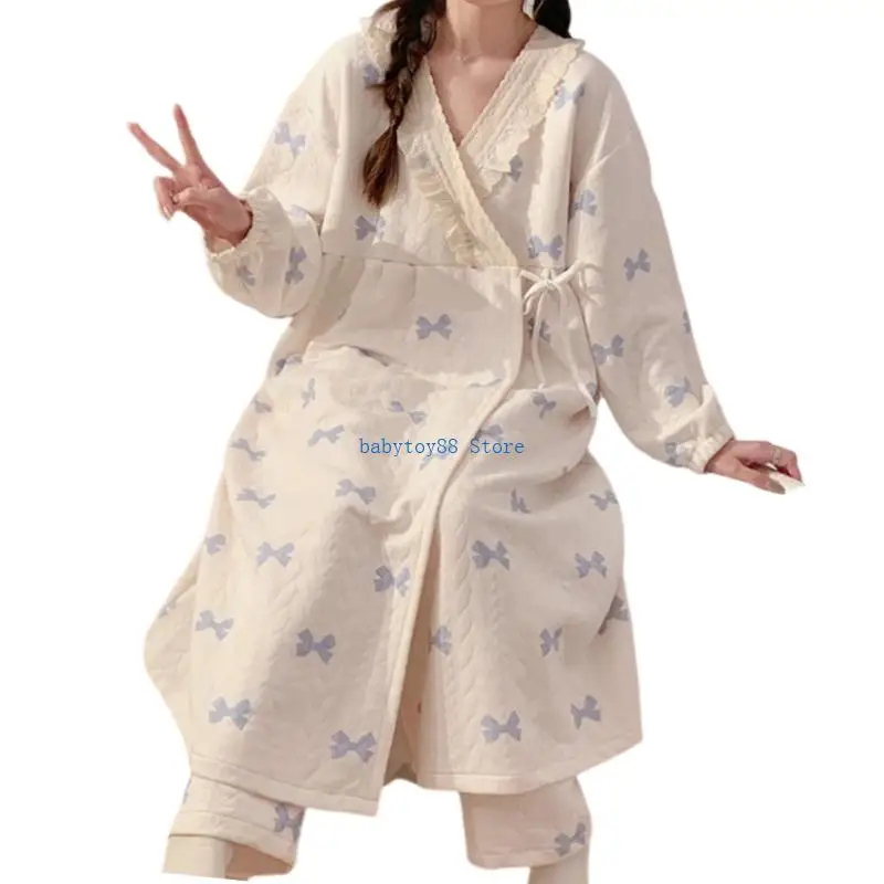 Y4UD Maternity Winter Sleep Wear Set Cotton Split Pajamas Loose Night Dress For Pregnant Women Home Comfort Cold Weather Wear