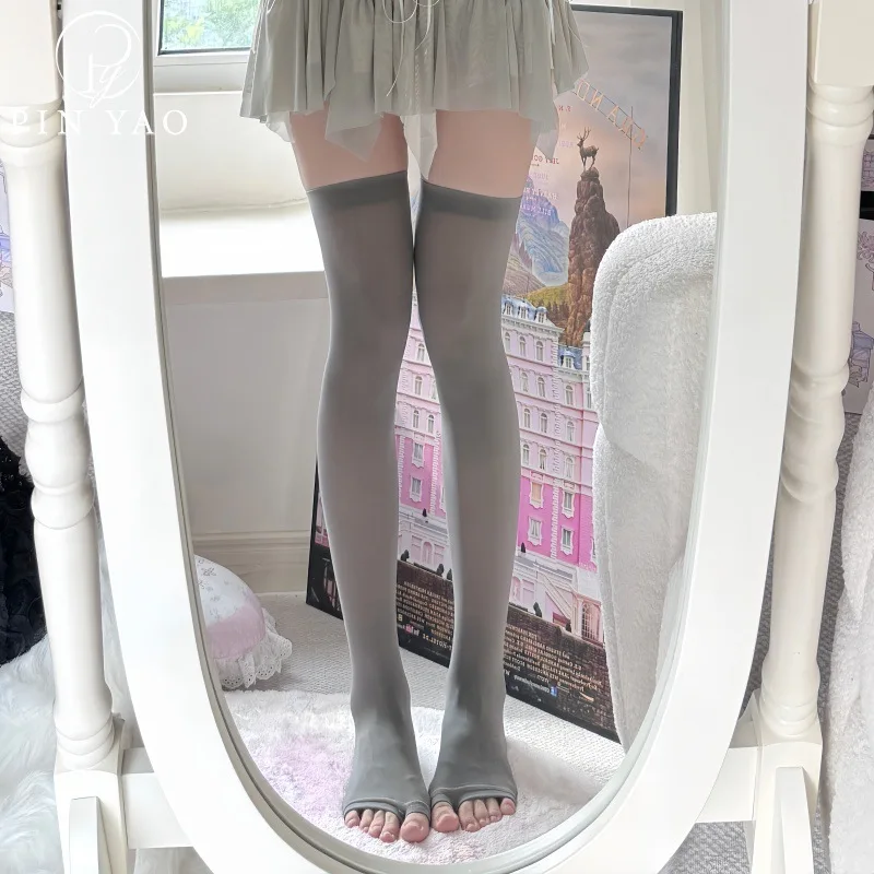 

Toeless Mid-Calf Socks Sheer Skin Tone Sun Protection Stockings for Schoolgirl Spring Fish Mouth Over Knee Thigh High Socks