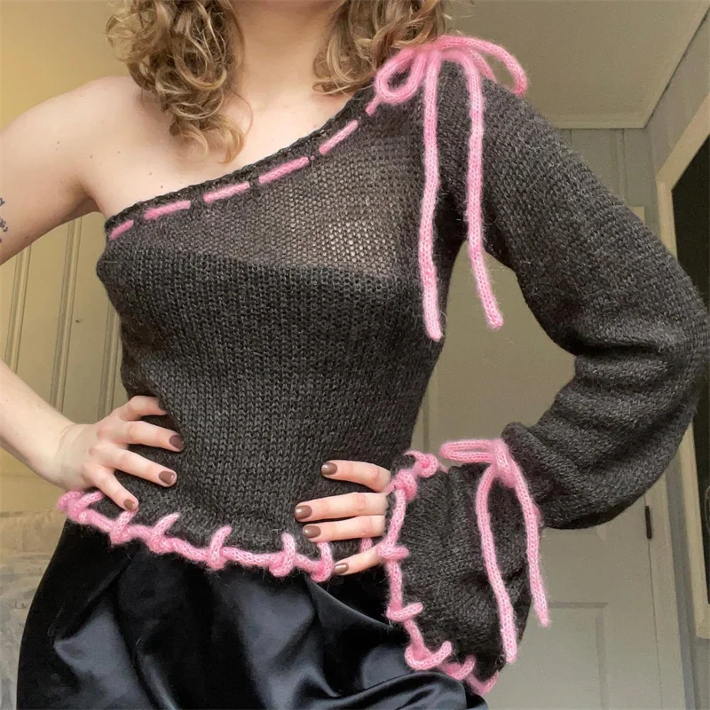 セクシーなワンショルダーロングスリーブボウノットレースアップセーター女性用プルオーバーシアーニットクロップトップ水着ビーチビキニカバーアップ