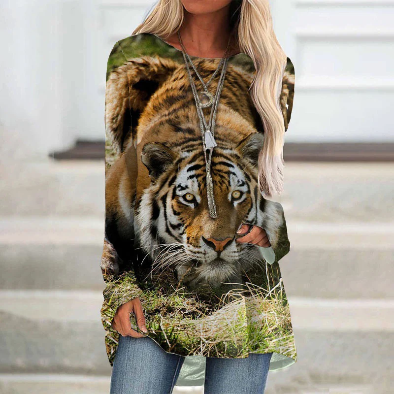 Fashion New Tiger T-shirt Animal 3D Print Women Long Sleeve O-Neck T Shirts Streetwear Oversized Tees Woman Tunic Tops Clothing