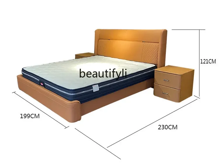 zxqLeather Bed Marriage Bed Master Bedroom Double Bed First Layer Cowhide Simple Italian Designer Model