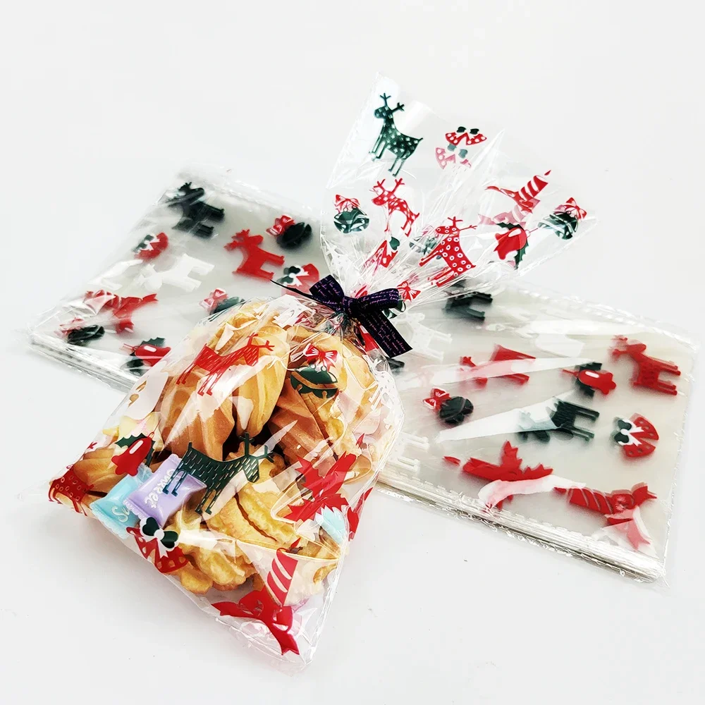 50Pcs Christmas Gift Bags Christmas Candy Cookie Bags Santa Claus Christmas Packaging Plastic Pouch Christmas Party Decorations
