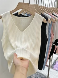 Summer Versatile Knit Sleeveless Tops Women Basic Solid Tank Tops Casual V-neck Slim Thin Tees Female Tops Ice shreds Vest