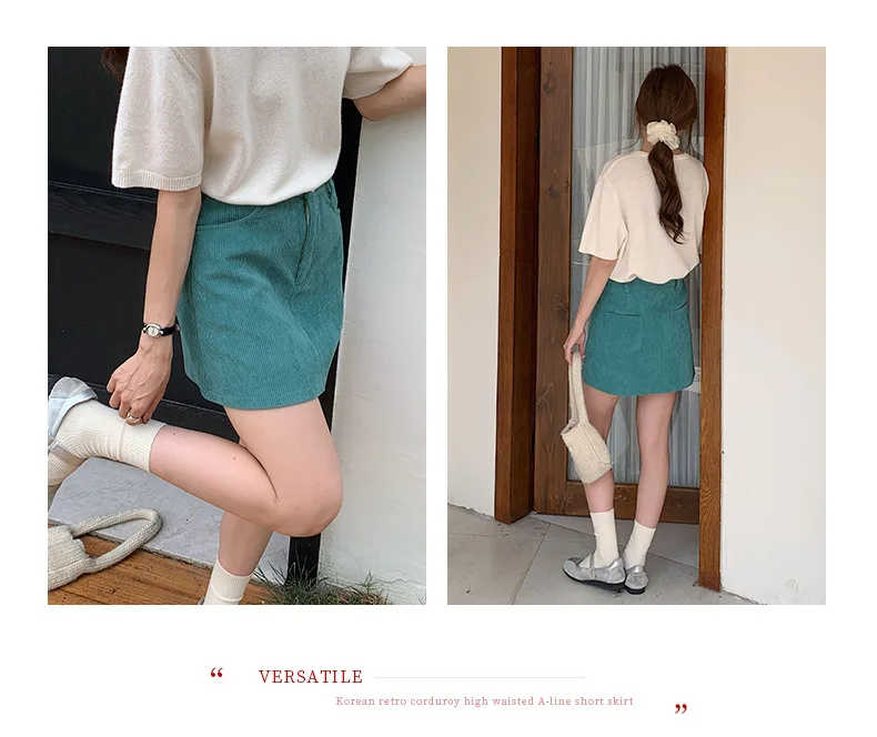 Women's High-Waist A-Line Short Skirt Spring Autumn Retro Brown Corduroy Skirts Woman Solid Color Straight Leg Pencil Skirt Mini