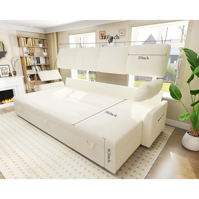 Oversize secional sofá-cama, armazenamento duplo chaise para sala de estar, sofá branco, puxe a cama, 2 em 1, 110 em