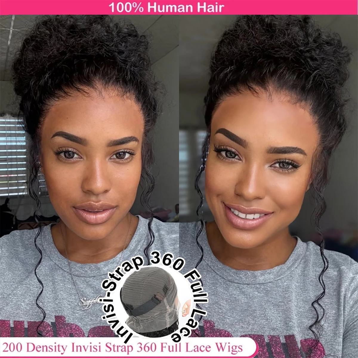 

Невидимый ремешок на шнурке 360 HD Полный парик шнурка Человеческие волосы Скрытый ремешок 360 Кружевной вьющийся парик Плотность 200 Глубокие волны Бесклеевые парики