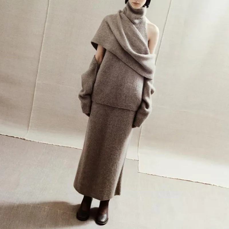 

Women's Shawl, Turtleneck Top, Fashionable Casual Skirt, High-Quality Wool Sweater Set, 2026, Spring, New Arrivals, Y2K