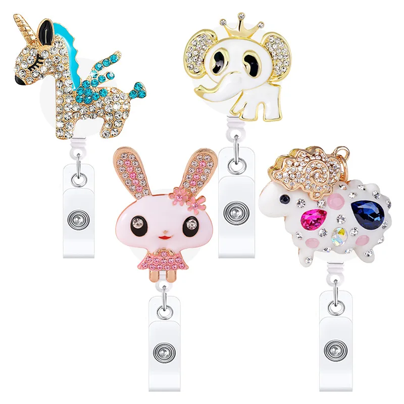 Cute Glass Rhinestone Retractable Card Holder Badge Reel Pony Elephant Sheep Rabbit Nurse Boy Girl Name Card Chest Card Holder