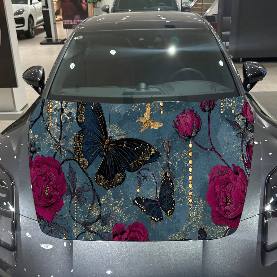

Vintage Butterfly Rose Wonder Journey PVC Car Engine Hood Vinyl Wraps, Self-Adhesive Waterproof Car Hood Decal Sticker, Car Deco