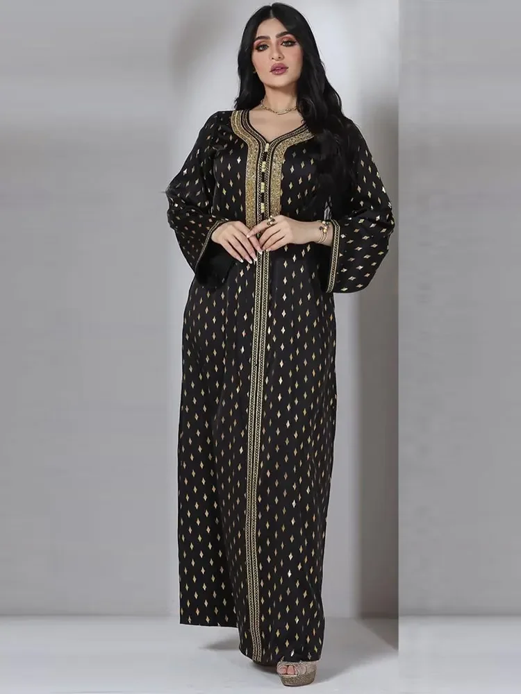 

Diamond Abaya Arab Evening Long Dress Women Gold Stamping Muslim Ramadan Moroccan Kaftan Dubai Saudi Gulf Jalabiya Black Abayas