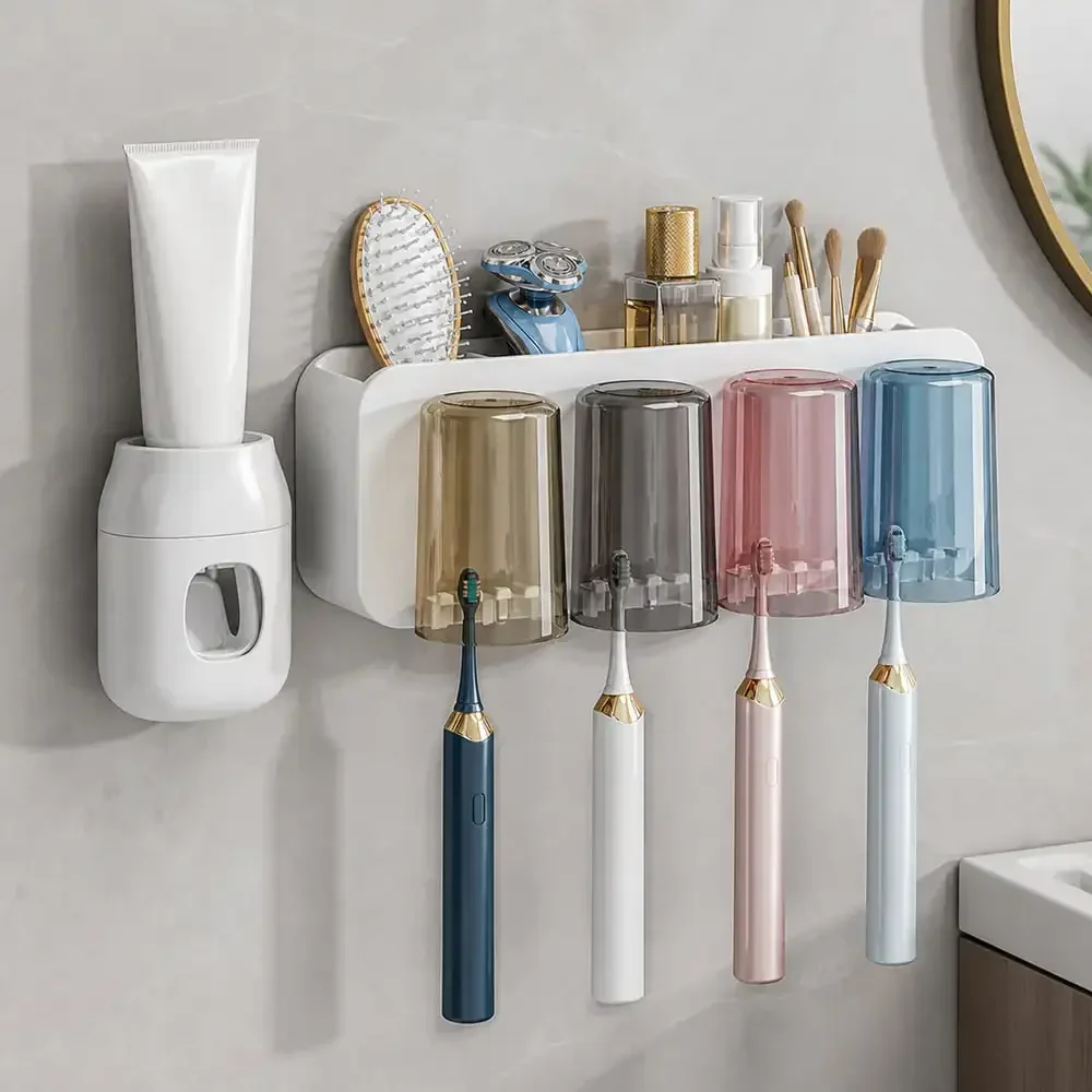 Toothbrush Organizer Four Cups Toothpaste Dispenser Bathroom Wall Storage Holder Rack Family Rinse Home Accessories Organization