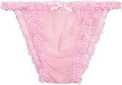 French Sexy Adult Customized Fetishist Crossdressing Sissy Pink Satin Tight Fit Lace Lace Bow Decorative Shorts