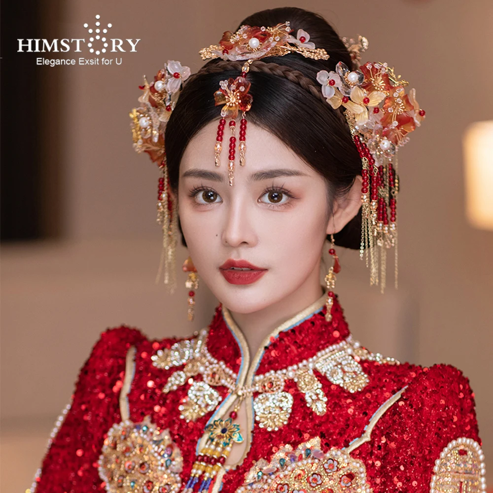 

HIMSTORY Retro Red Crystal Vintage Wedding Bridal Flower Hair Accessories Handmade Costume Headpiece Jewelries