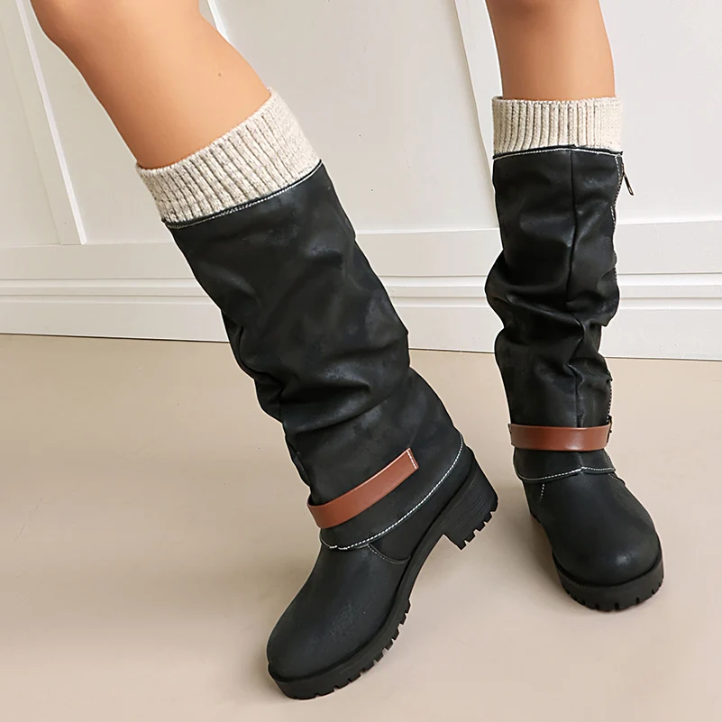 Retro Washed Leather Knee High Boots Women Slouch Knit Cuff Side Zip Buckle Strap Low Block Heel Winter Motorcycle Riding Boots