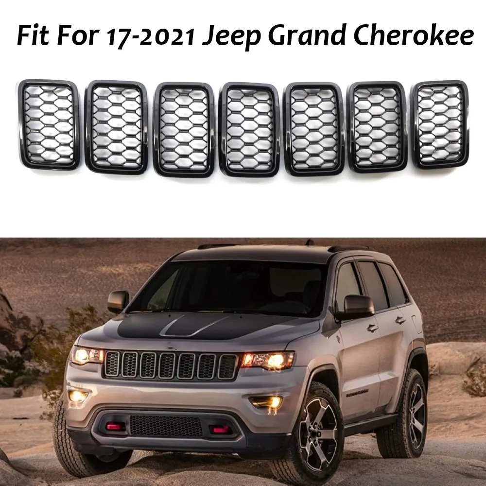 7PCS/Set For Jeep Grand Cherokee 2017-2021 Car Front Bumper Central Grill Cover Trim Replacement Mesh Honeycomb Racing Grilles