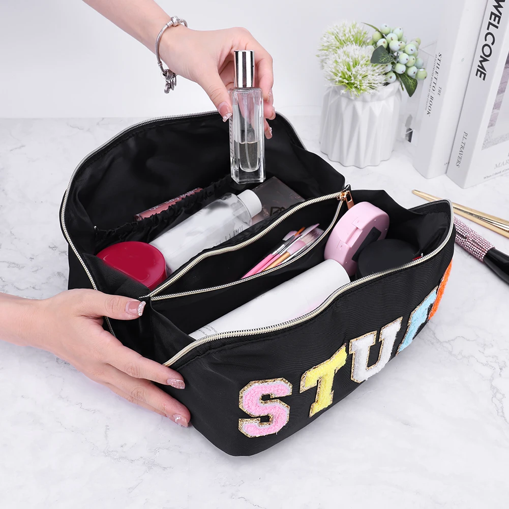 Candy Color Cosmetic Bag Letter Patches Makeup Bag Women\'s Folding Travel Toiletry Kit Women Portable Makeup Organizer Handbags