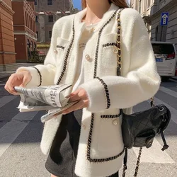 Deeptown White Fleece Sweater Women Autumn Winter Korean Style Female Vintage Black Loose Coats O Neck Knitted Cardigan Fashion