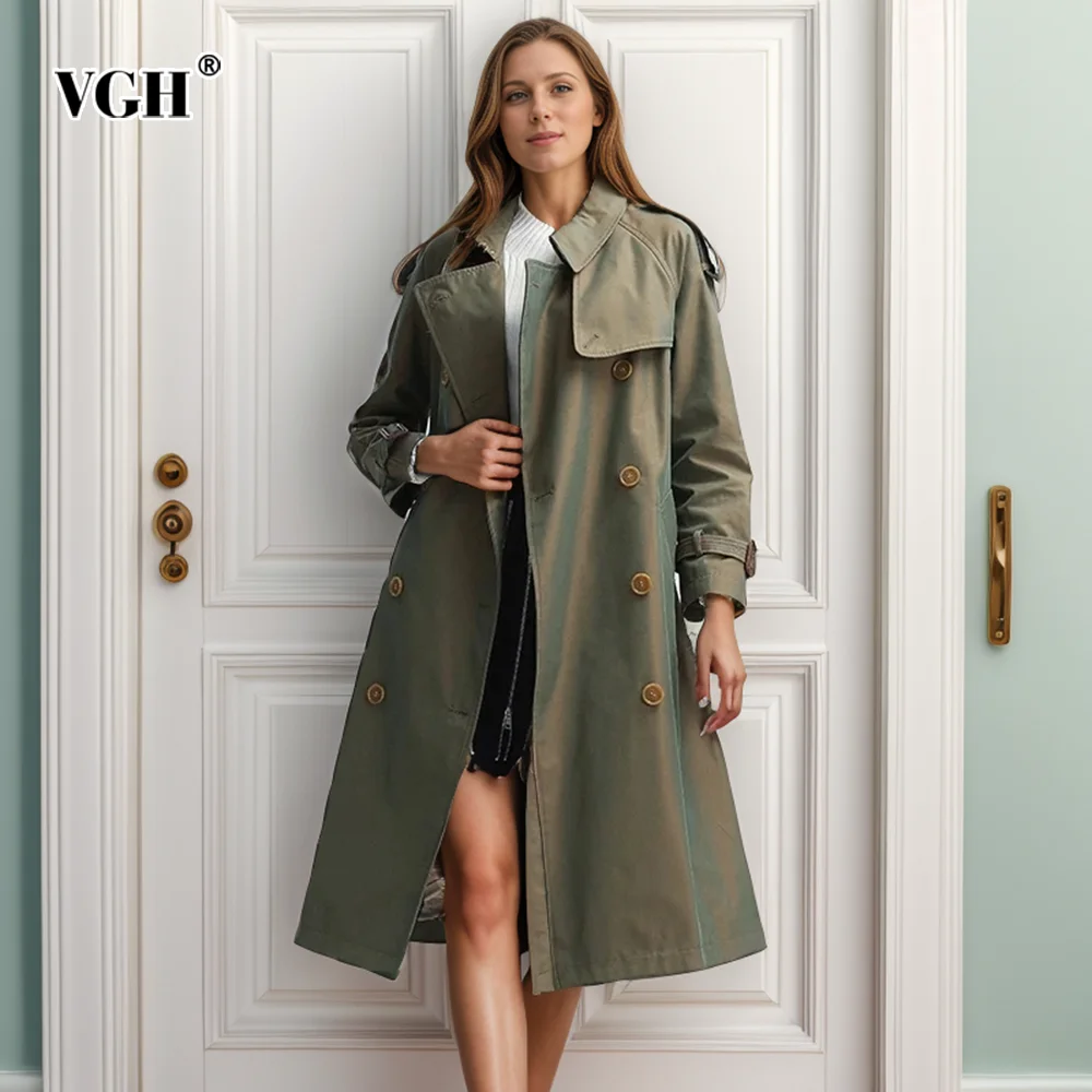 

VGH Solid Patchwor Belt Minimalist Windbreaker For Women Lapel Long Sleeve Spliced Button Casual Loose Coats Female Fashion New