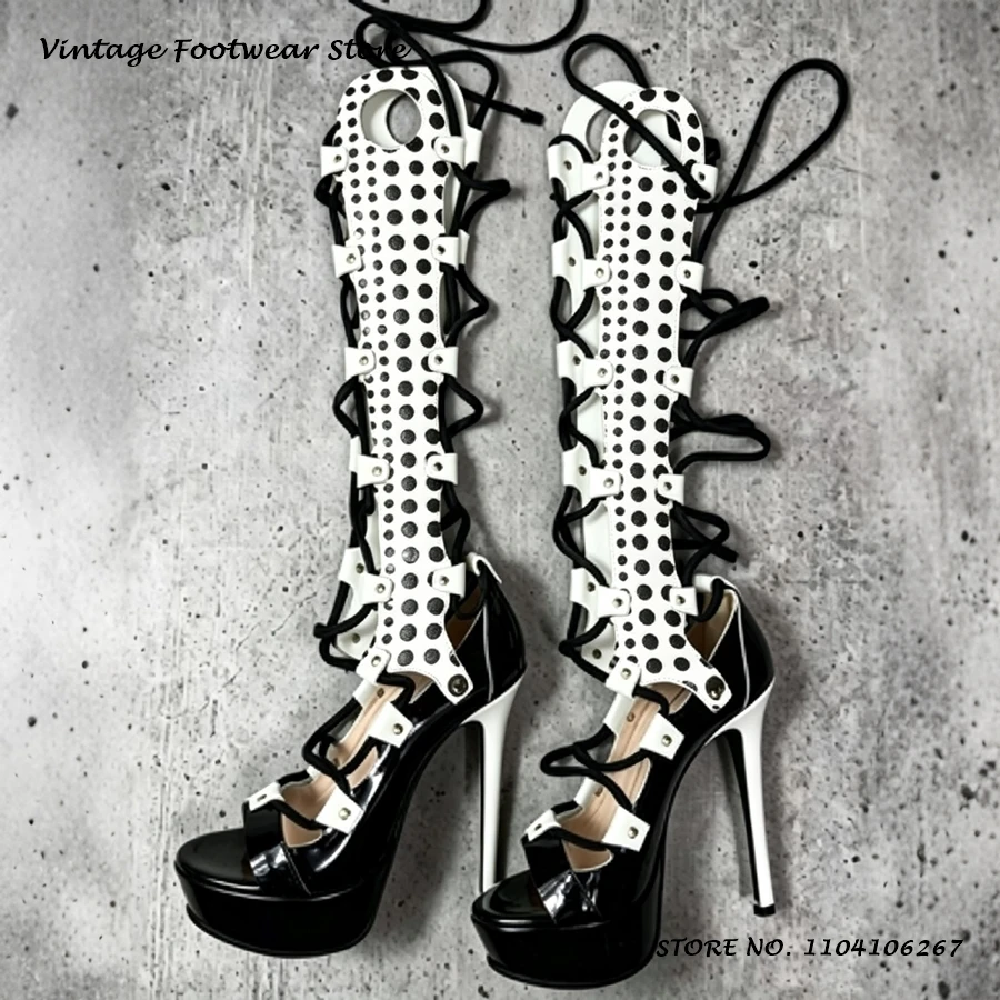 Gladiator Colorful Platform Sandals Fashion Round Open Toe Thin Heels Party Shoes Women's Summer Cross-tied Knee-high Stilettos