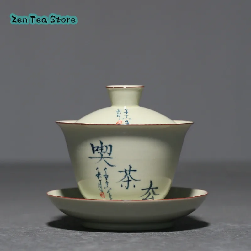 Wood Ash Hand-written Three Cover Bowl Under Glaze Color Hand-painted Tea Bowl Household Ceramic Tea Bowl Is Not Hot