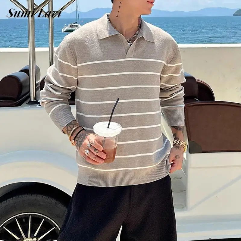 

Модная тонкая мужская трикотажная рубашка поло с длинным рукавом, винтажные поло с отложным воротником, полосатые вязаные поло, мужская одежда, весенне-осенние топы