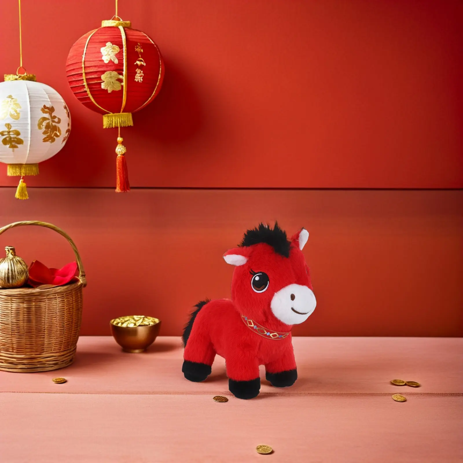 Rotes Plüsch-Pferd als Jahresmaskottchen für Mondneujahr, Tischdekoration, Segensornament, Tierkreisfest und Frühlingsfest