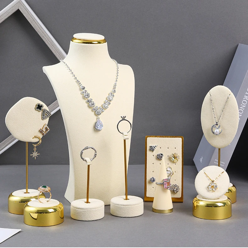 Beige Jewelry Display Props with Metal Base Earring Necklace Organizer Holder Jewelry Counter Earrings Rings Display Stand