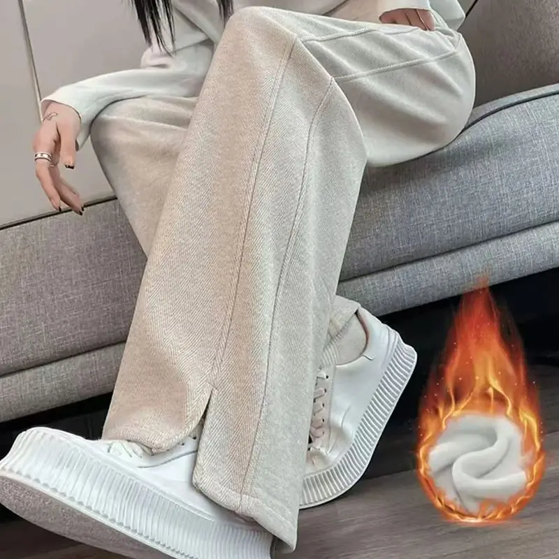 ウールとフランネルの厚いワイドレッグパンツ女性プラスサイズ秋と冬のヘリンボーンストレートレッグカジュアルスプリットパンツ