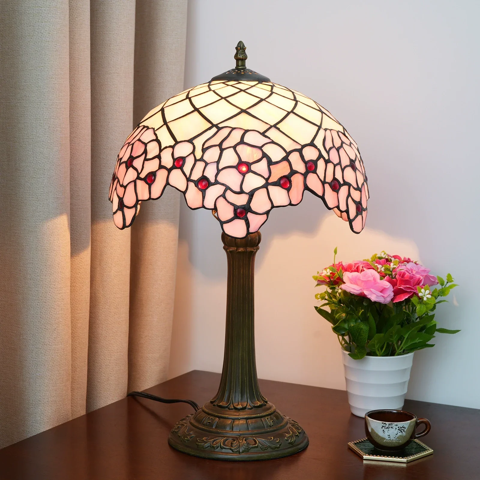 12inch 30cm Tiffany Stained Glass Table Lamp American Garden Pink Cherry Blossom Bedroom Bedside Romantic Desk Lamp