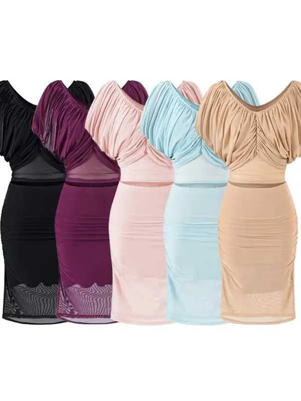 Women's Sexy V-neck Bubble Sleeve Shirt And Half Skirt Two-piece Set Mesh Waist-baring Bodycon Fashionable Summer Outfit