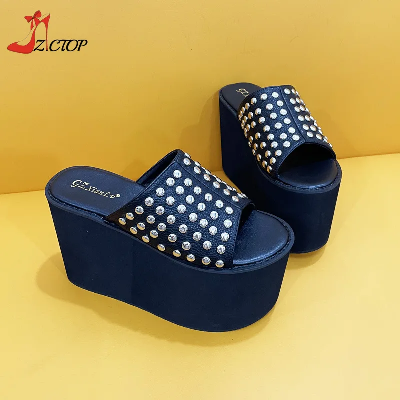 Wedges Platform Sandals Women Rivets Chunky High Heels Slippers Slip On Summer Outdoor Mules Black Punk Shoes Big Size 42 43