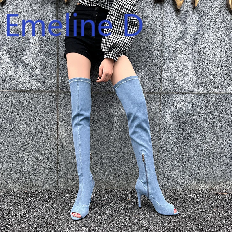 

Fish Mouth Long Boots Fashionable Knee High Stretch Boots Jazz Dance High Heels Denim Side Zipper Slim High Heels Women's Boots