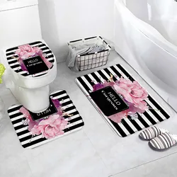 Pink Floral Perfumed Bath Mat Set Hello Gorgeous Black White Stripe Fashion Home Carpet Bathroom Decor Floor Rugs Toilet Cover