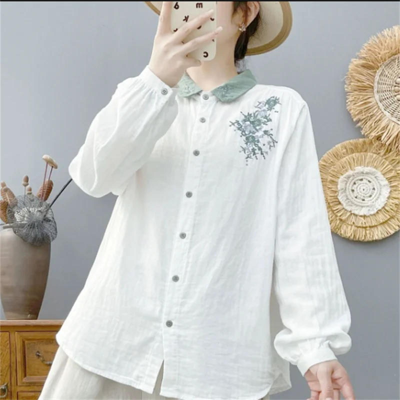 الرجعية قميص Artsy المطرزة بلوزة المرأة القطن قميص طويل الأكمام لينة فضفاضة زر حتى قميص رقيقة الربيع الإناث البلوزات