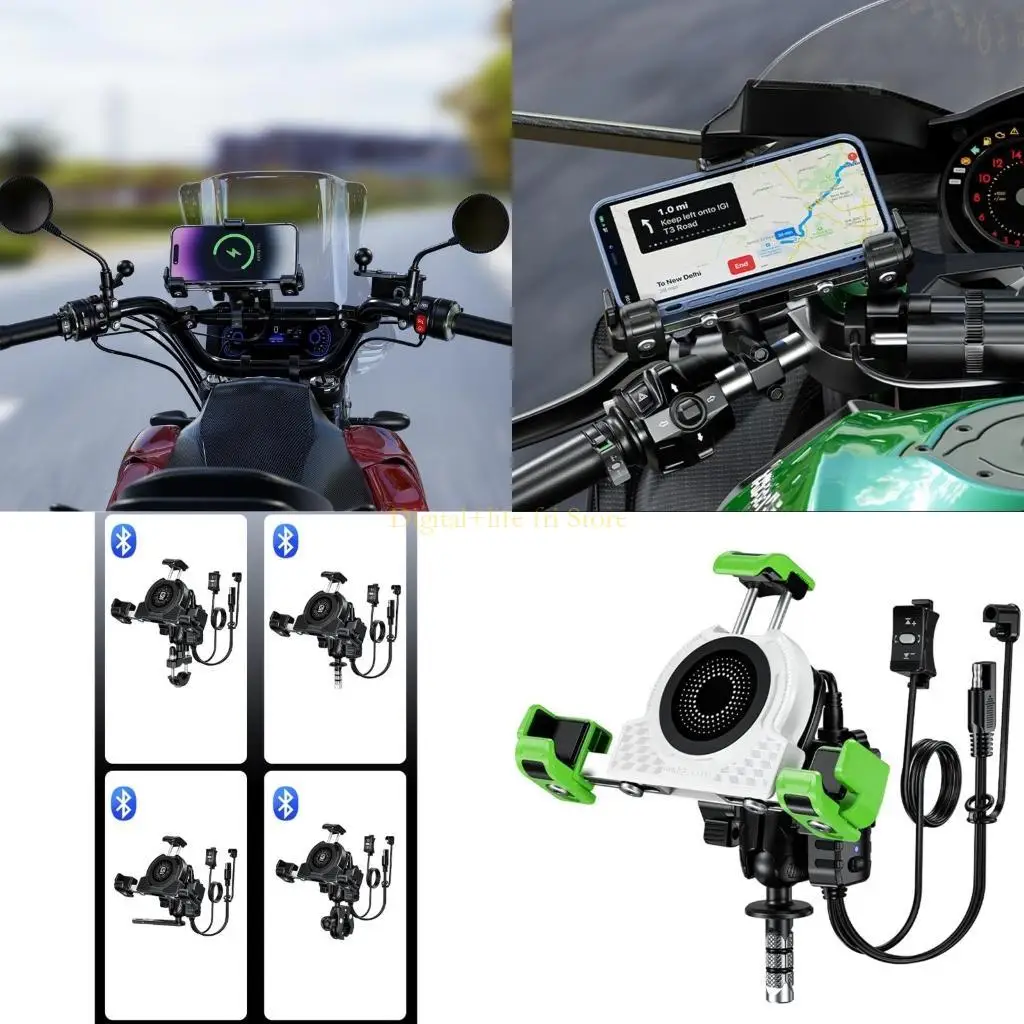

E06D Motorcycle Phone Mounting Clamp Bracket with USB C Charging 360° Rotation Shockproof Holder Quick Release