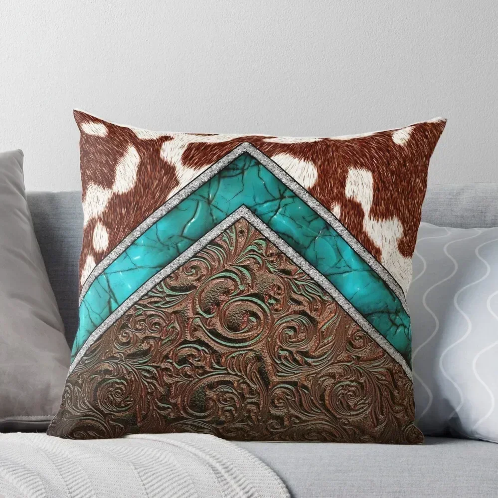 

Western Cowgirl Pattern Cowhide Turquoise and Tooled Leather Throw Pillow Pillow Cases Marble Cushion Cover pillow